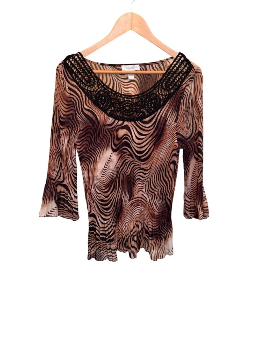 Dressbarn vintage y2k Animal Print Top With Crochet Neckline 3/4 Sleeves Size L